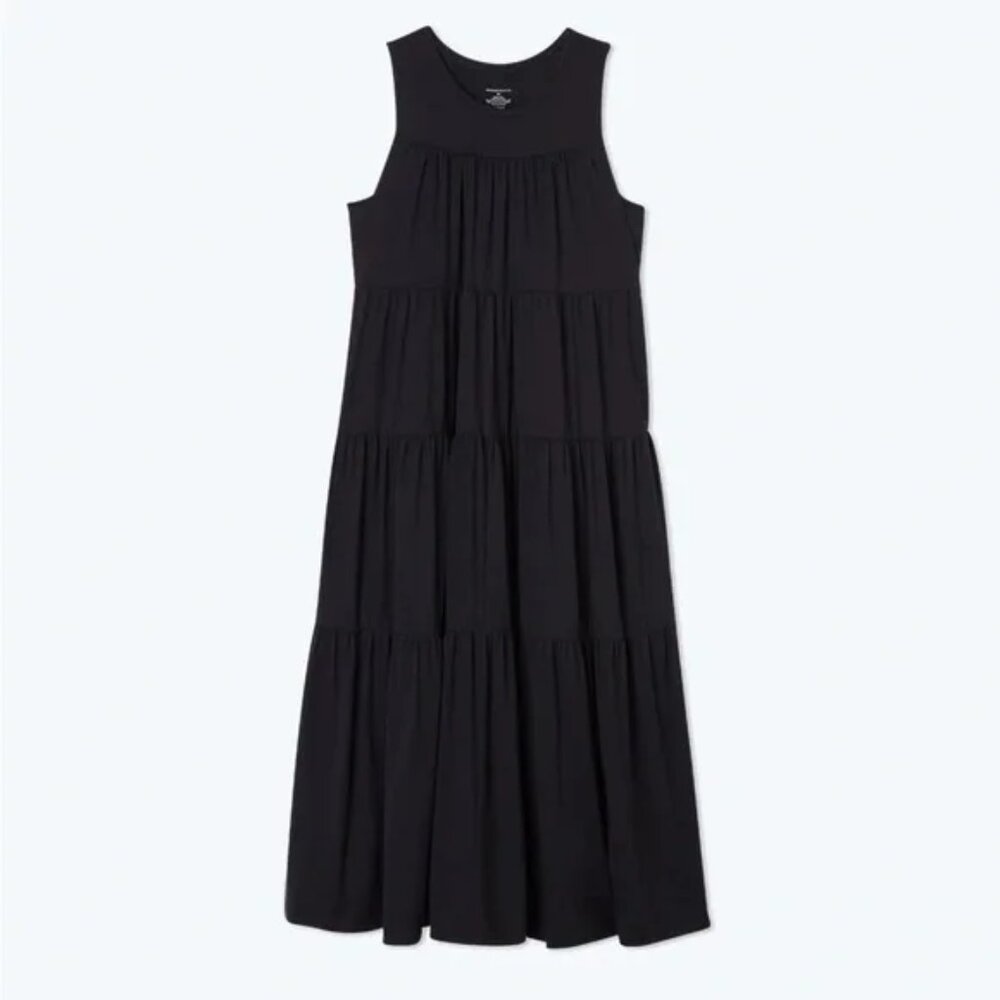 SUMMERSALT Black 100% Pima Cotton Gathered & Tiered Midi Dress Size M